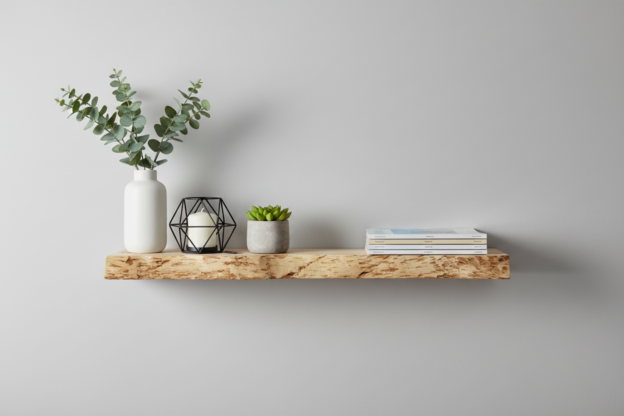 Dekoriertes Holzregal frontal mit neuer Deko