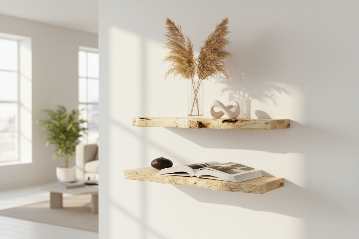 Zwei dekorierte Wandregale mit Fensterlicht