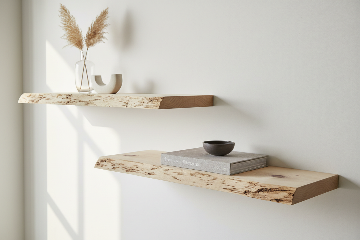 Zwei gleich lange Wandregale aus seitlicher Perspektive